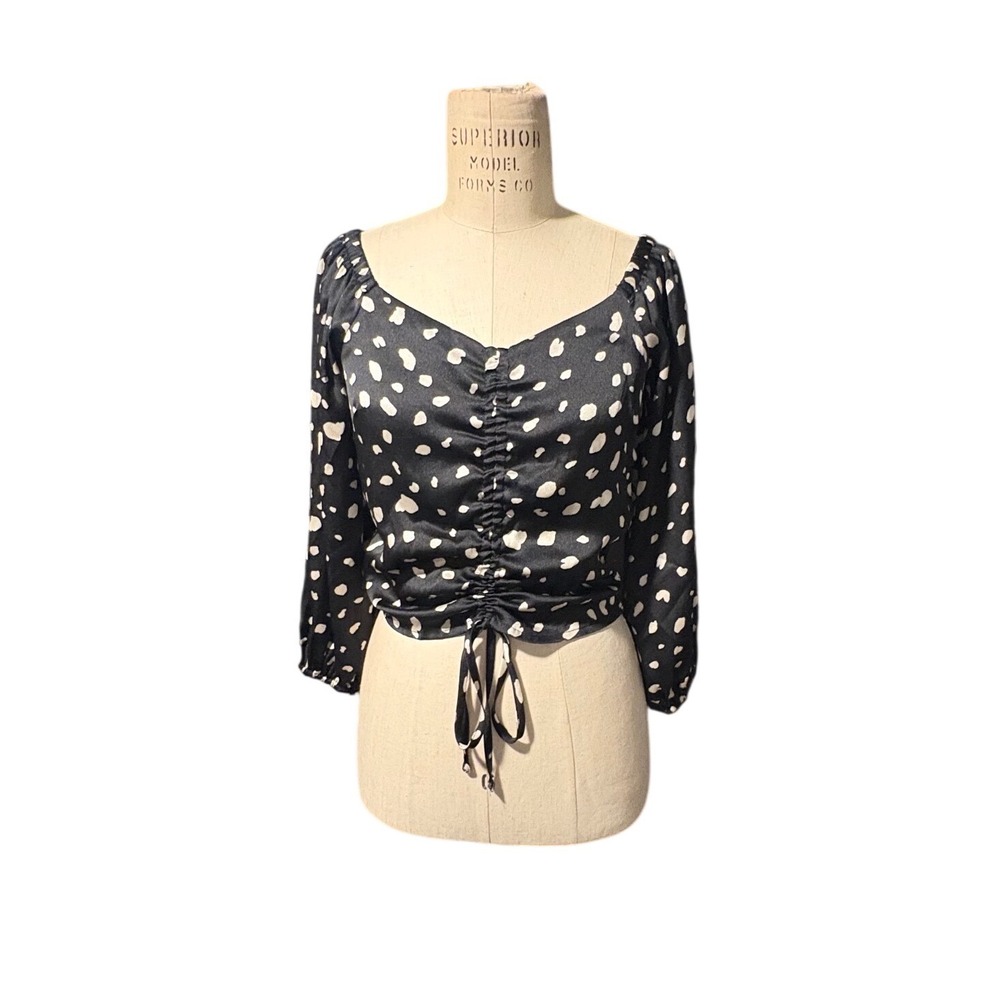 SugarLips Black White Polka Dot Ruched Satin Crop Top Small French Girl Romantic